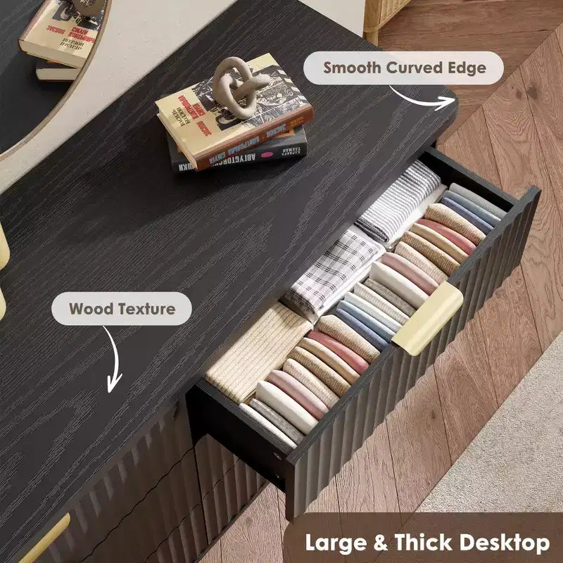 Fluted 6-Drawer Dresser, Wave Design Storage Cabinet with Particle Board and MDF Construction
