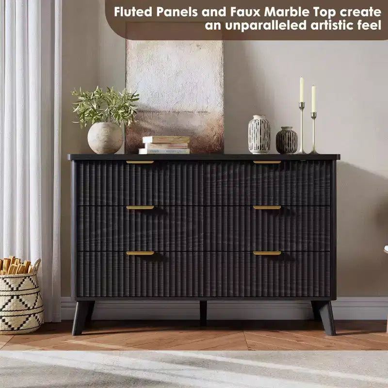 Fluted 6-Drawer Dresser, Wave Design Storage Cabinet with Particle Board and MDF Construction