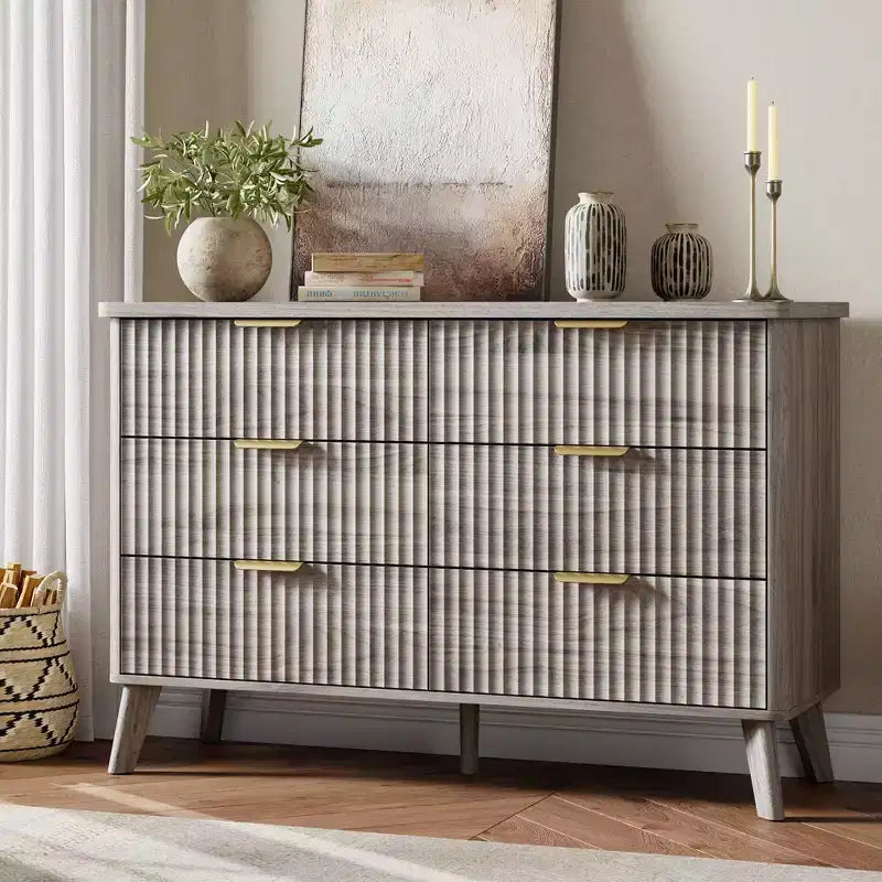 Fluted 6-Drawer Dresser, Wave Design Storage Cabinet with Particle Board and MDF Construction