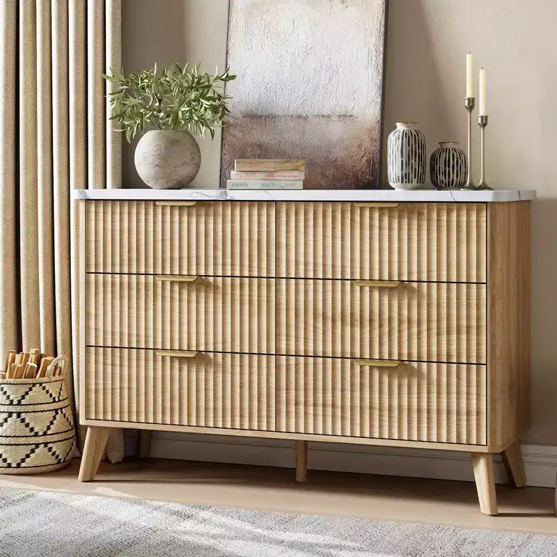 Fluted 6-Drawer Dresser, Wave Design Storage Cabinet with Particle Board and MDF Construction