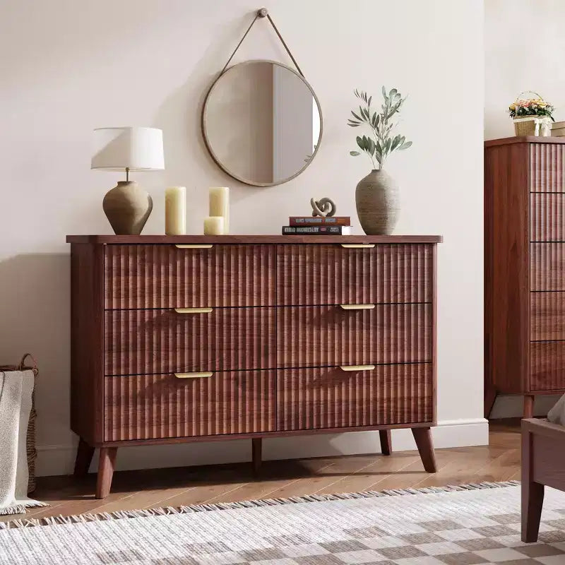 Fluted 6-Drawer Dresser, Wave Design Storage Cabinet with Particle Board and MDF Construction