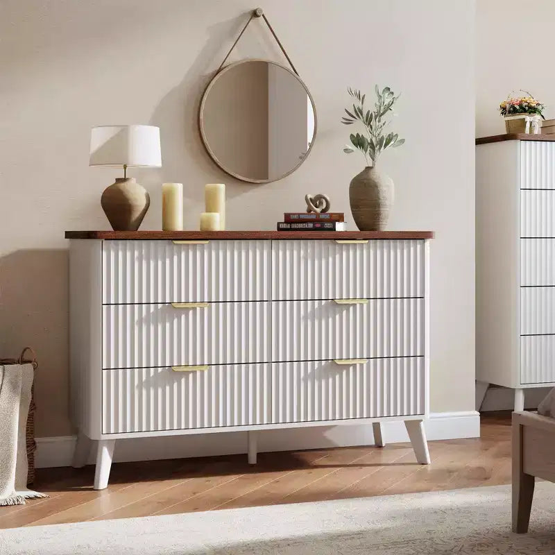 Fluted 6-Drawer Dresser, Wave Design Storage Cabinet with Particle Board and MDF Construction