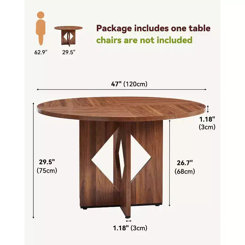 47.2 Round Dining Table, Farmhouse Dining Room Table with Wooden Pedestal Base and Thick Table Top