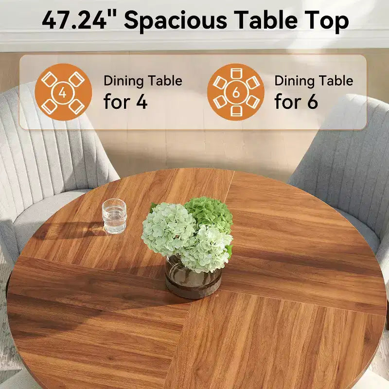47.2 Round Dining Table, Farmhouse Dining Room Table with Wooden Pedestal Base and Thick Table Top