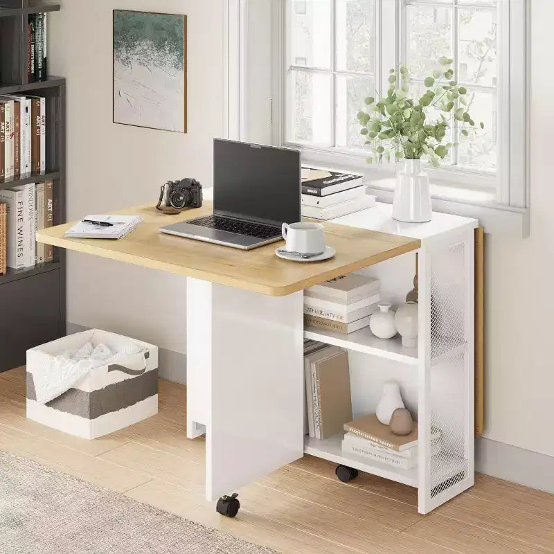 Folding Dining Table, Drop Leaf Dining Table with 6 Wheels and 2-Layer Storage Shelf, Kitchen Table for Small Spaces ( 50.1 D x 31.4 W x 29.5 H)
