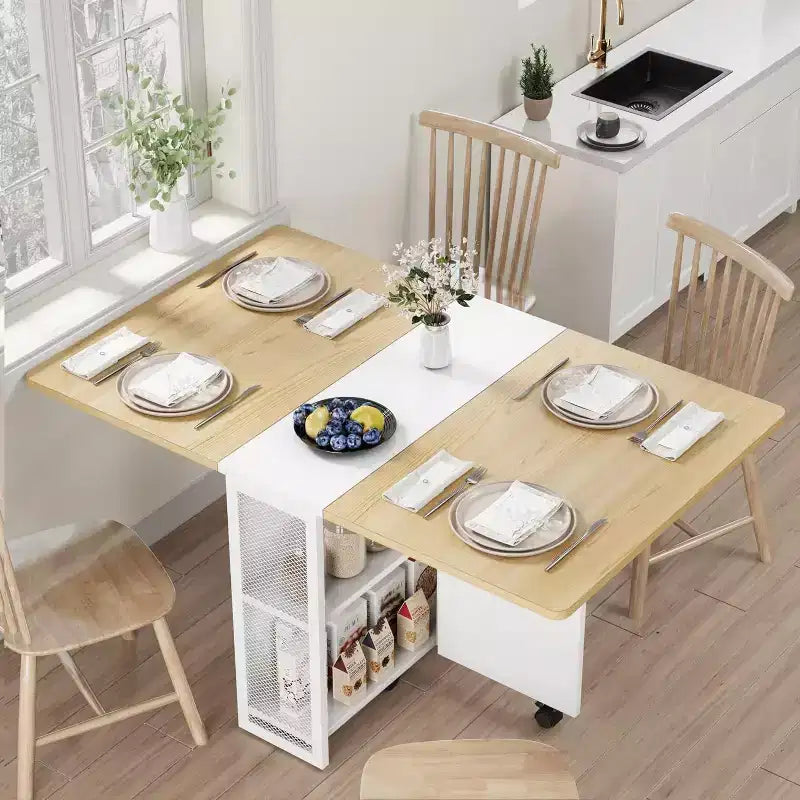 Folding Dining Table, Drop Leaf Dining Table with 6 Wheels and 2-Layer Storage Shelf, Kitchen Table for Small Spaces ( 50.1 D x 31.4 W x 29.5 H)