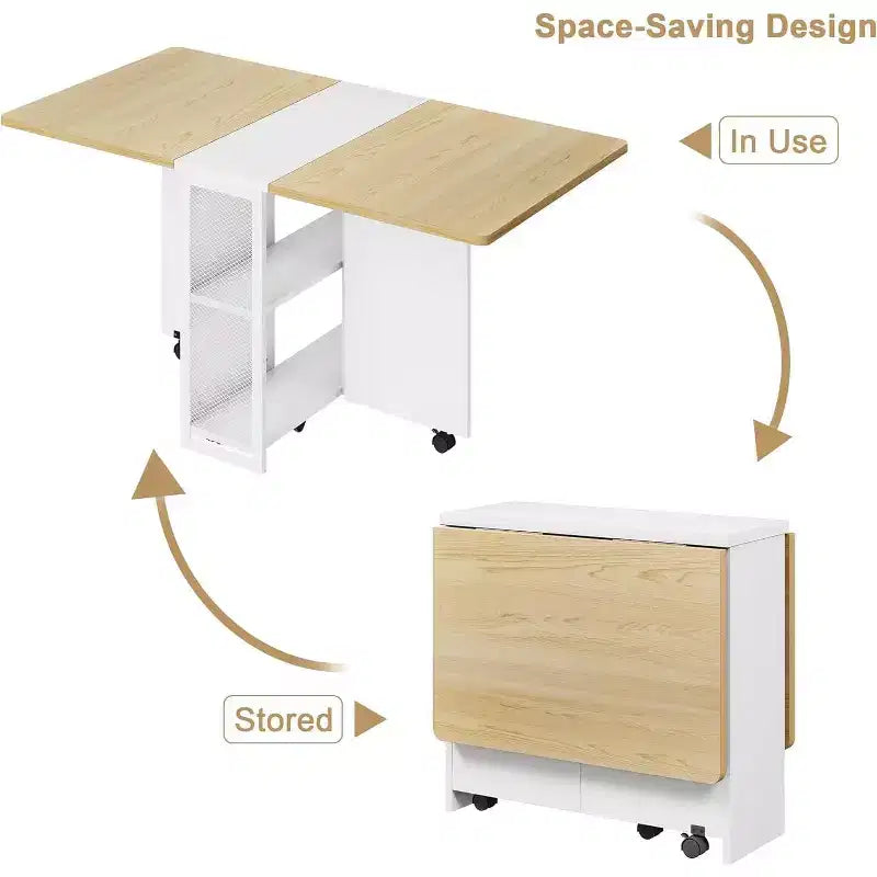 Folding Dining Table, Drop Leaf Dining Table with 6 Wheels and 2-Layer Storage Shelf, Kitchen Table for Small Spaces ( 50.1 D x 31.4 W x 29.5 H)