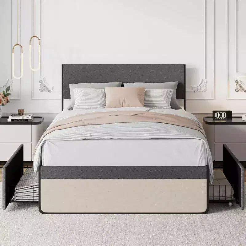 Full Bed Frame with Storage Drawers, Upholstered Platform Bed Frame with Metal Slats Support, Under Bed Storage, No Box Spring Needed, Noise Free