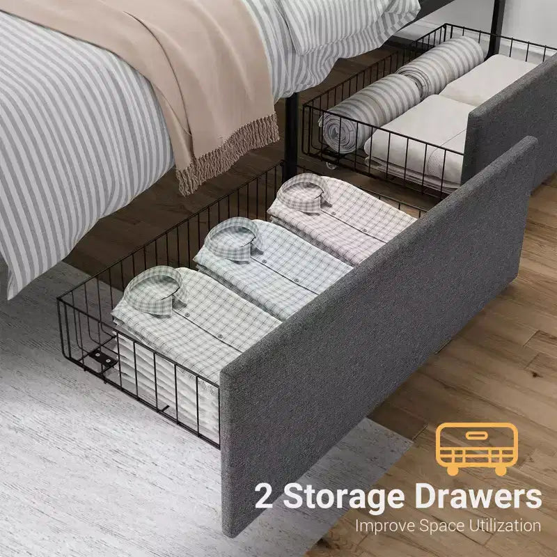 Full Bed Frame with Storage Drawers, Upholstered Platform Bed Frame with Metal Slats Support, Under Bed Storage, No Box Spring Needed, Noise Free