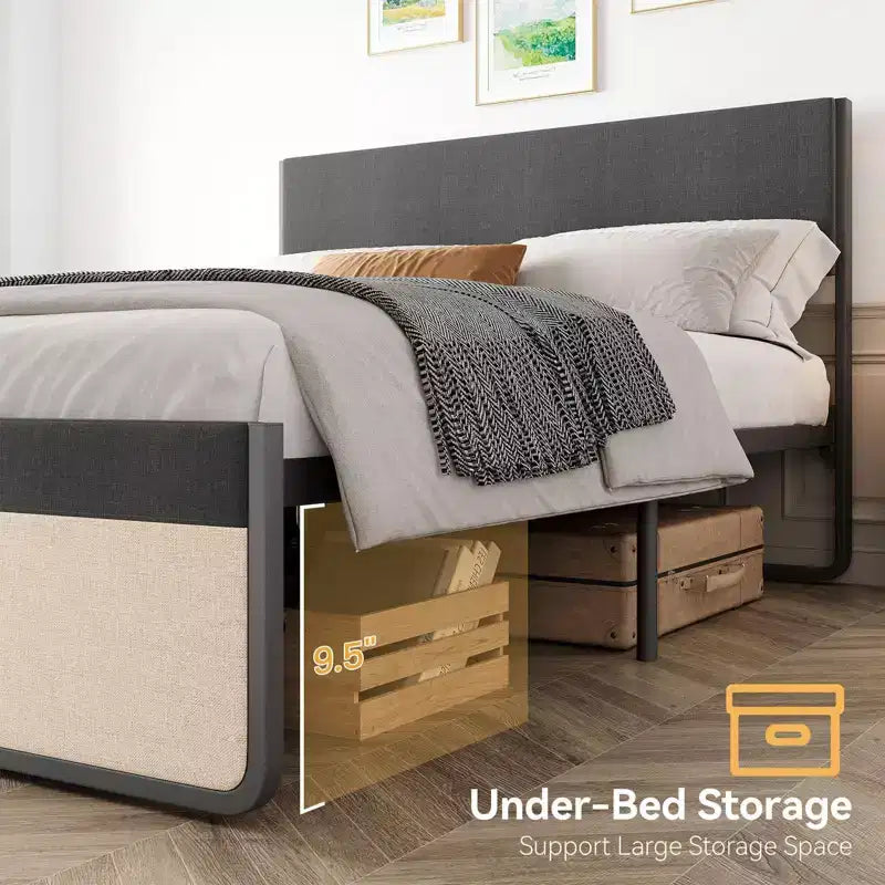 Full Bed Frame with Storage Drawers, Upholstered Platform Bed Frame with Metal Slats Support, Under Bed Storage, No Box Spring Needed, Noise Free