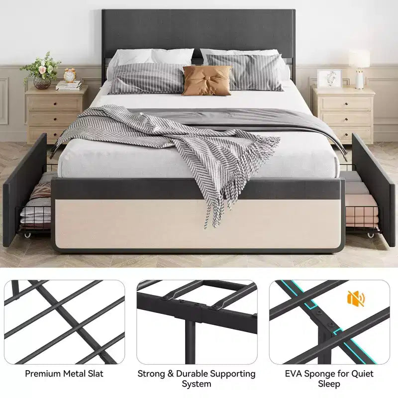 Full Bed Frame with Storage Drawers, Upholstered Platform Bed Frame with Metal Slats Support, Under Bed Storage, No Box Spring Needed, Noise Free