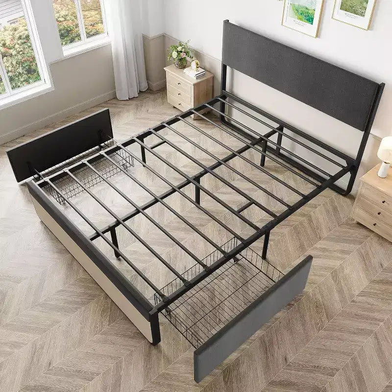 Full Bed Frame with Storage Drawers, Upholstered Platform Bed Frame with Metal Slats Support, Under Bed Storage, No Box Spring Needed, Noise Free