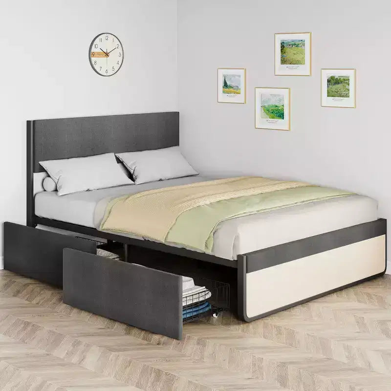 Full Bed Frame with Storage Drawers, Upholstered Platform Bed Frame with Metal Slats Support, Under Bed Storage, No Box Spring Needed, Noise Free