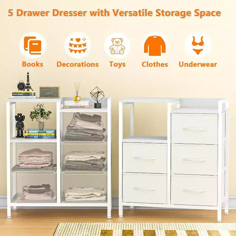 5 Drawer Mobile File Cabinet with Open Storage Shelf, Rolling Printer Stand and Fabric Lateral Filing Cabinet, Fits A4 or Letter Size Files