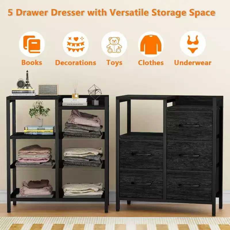 5 Drawer Mobile File Cabinet with Open Storage Shelf, Rolling Printer Stand and Fabric Lateral Filing Cabinet, Fits A4 or Letter Size Files