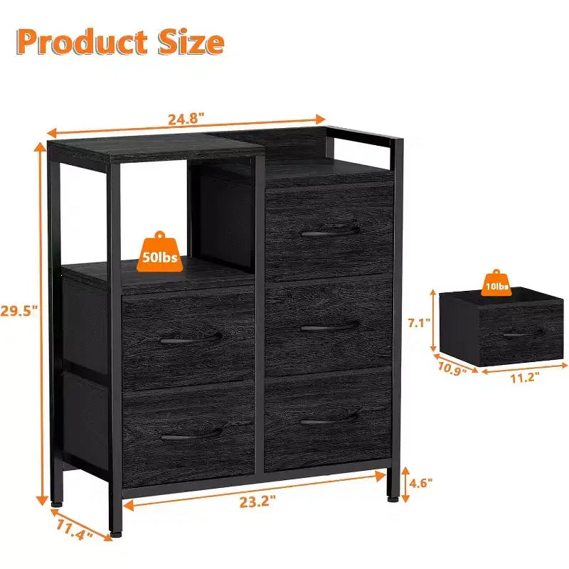 5 Drawer Mobile File Cabinet with Open Storage Shelf, Rolling Printer Stand and Fabric Lateral Filing Cabinet, Fits A4 or Letter Size Files
