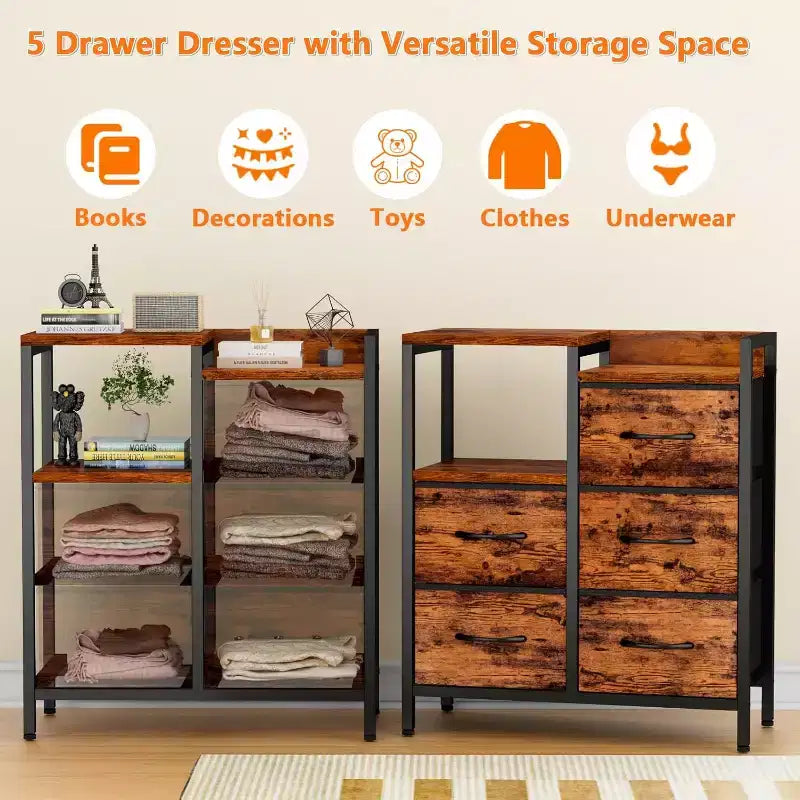 5 Drawer Mobile File Cabinet with Open Storage Shelf, Rolling Printer Stand and Fabric Lateral Filing Cabinet, Fits A4 or Letter Size Files