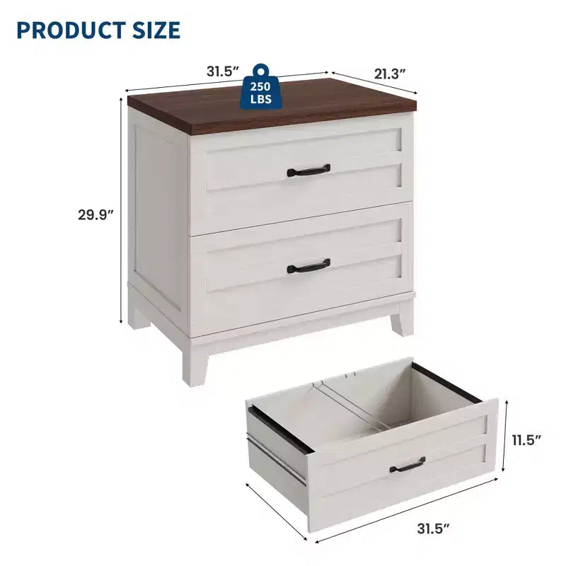 Farmhouse 2 Drawer File Cabinet, Lateral Wood Filing Cabinet for Letter Legal A4 Files, Rustic Brown White