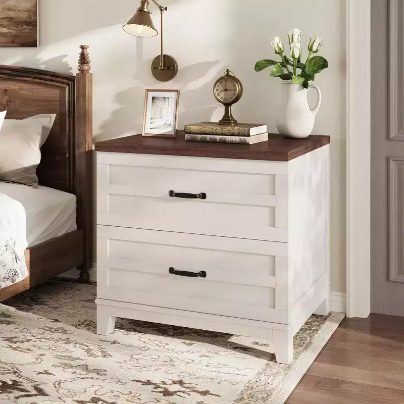 Farmhouse 2 Drawer File Cabinet, Lateral Wood Filing Cabinet for Letter Legal A4 Files, Rustic Brown White