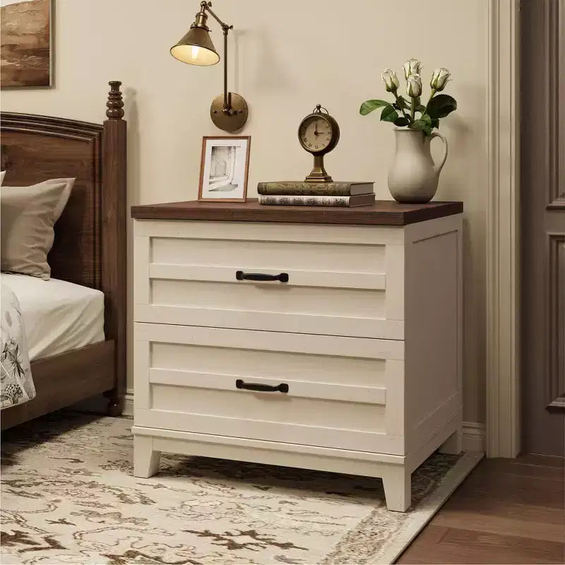 Farmhouse 2 Drawer File Cabinet, Lateral Wood Filing Cabinet for Letter Legal A4 Files, Rustic Brown White