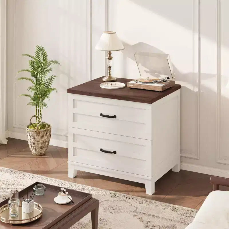 Farmhouse 2 Drawer File Cabinet, Lateral Wood Filing Cabinet for Letter Legal A4 Files, Rustic Brown White