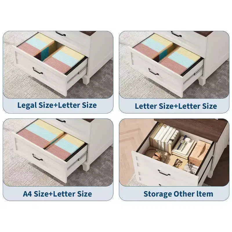 Farmhouse 2 Drawer File Cabinet, Lateral Wood Filing Cabinet for Letter Legal A4 Files, Rustic Brown White