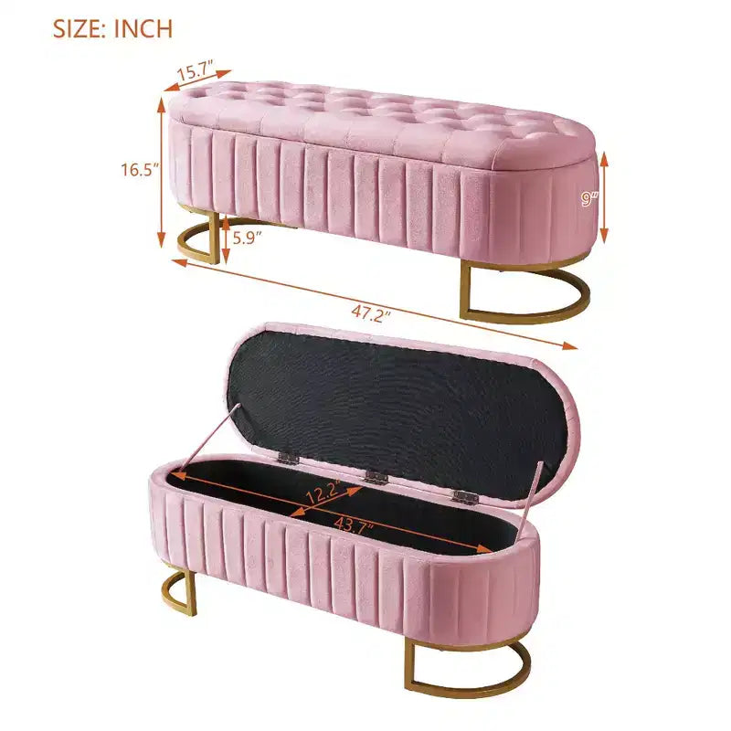 47 Chic End of Bed Storage Ottoman Bench,Exquisite Velvet Bench with Gold Metal Legs,Accent Ottoman for Living Room,400lbs Capacity