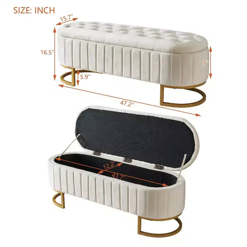 47 Chic End of Bed Storage Ottoman Bench,Exquisite Velvet Bench with Gold Metal Legs,Accent Ottoman for Living Room,400lbs Capacity