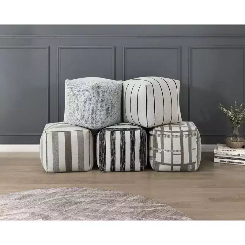 16H Square Pouf Chic Jacquard Ottoman for Living Room,Footrest Stool Non-Slip Bean Bag Chair,300lbs Capacity,Zebra Stripes