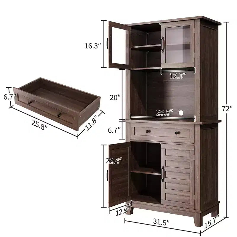 72 Tall Kitchen Pantry Cabinet with Glass Doors & Drawer, Adjustable Shelves, Modern Bar & Storage Cabinet for Dining & Living Room