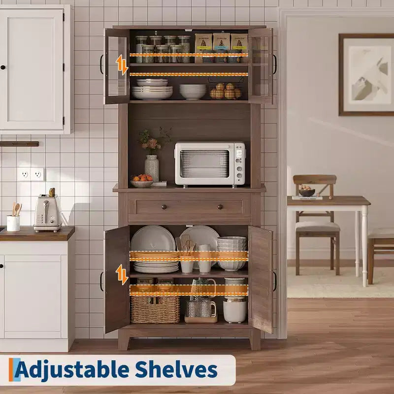 72 Tall Kitchen Pantry Cabinet with Glass Doors & Drawer, Adjustable Shelves, Modern Bar & Storage Cabinet for Dining & Living Room