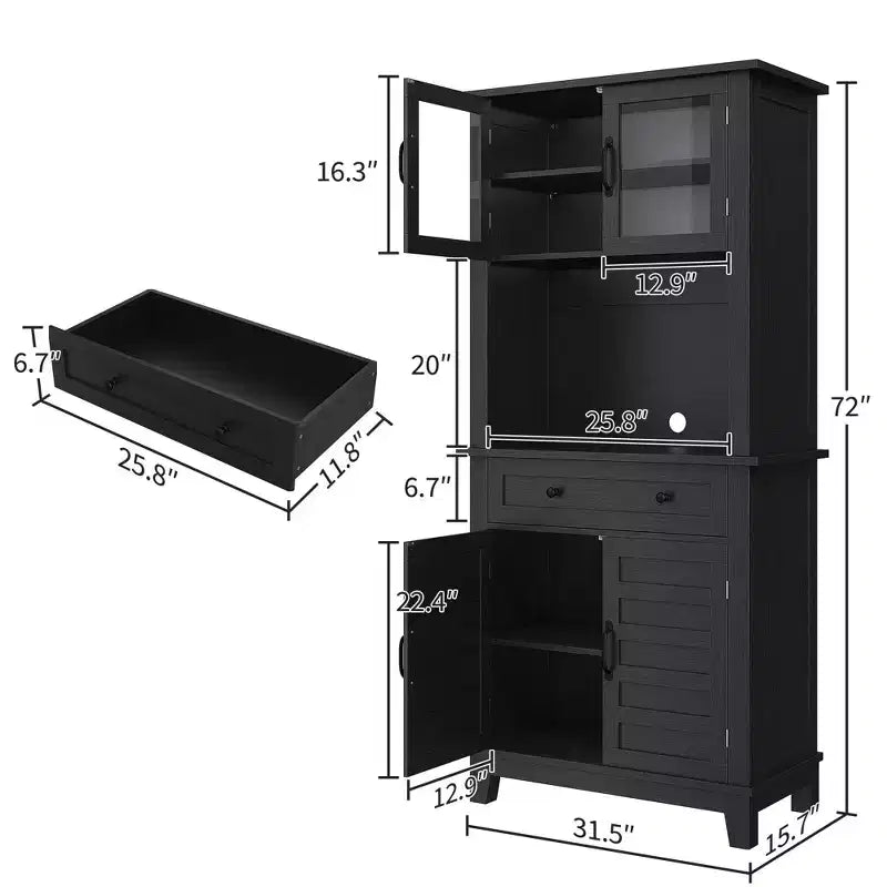 72 Tall Kitchen Pantry Cabinet with Glass Doors & Drawer, Adjustable Shelves, Modern Bar & Storage Cabinet for Dining & Living Room