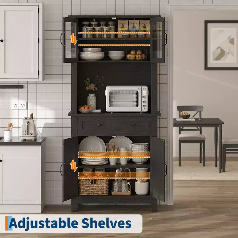 72 Tall Kitchen Pantry Cabinet with Glass Doors & Drawer, Adjustable Shelves, Modern Bar & Storage Cabinet for Dining & Living Room