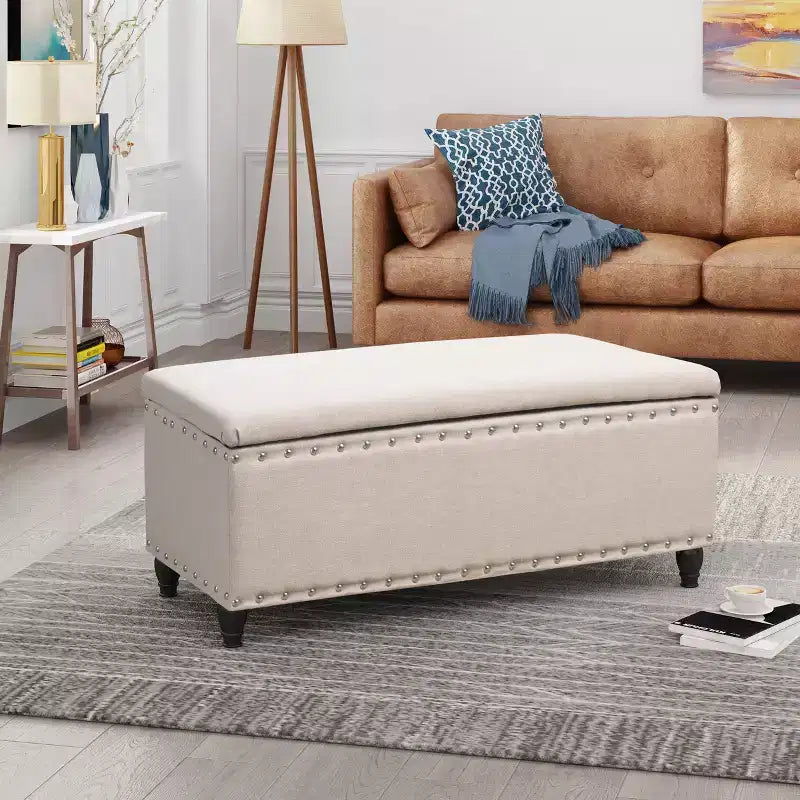 Modern Storage Ottoman with Nail Trims Decorated, Bench with Ample Storage, End Of Bed Bench for Bedroom, Living Room