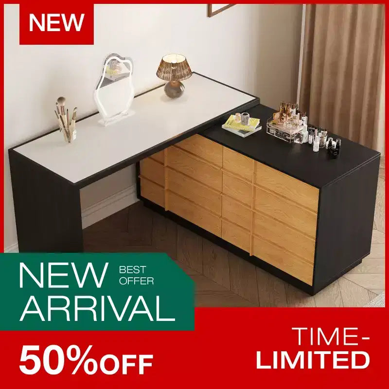 Modern Extendable Rotating L-Shaped Vanity Table with 6 Drawers, Reversible Makeup Vanity for Bedroom