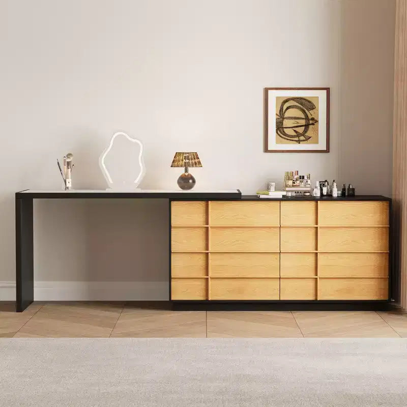 Modern Extendable Rotating L-Shaped Vanity Table with 6 Drawers, Reversible Makeup Vanity for Bedroom
