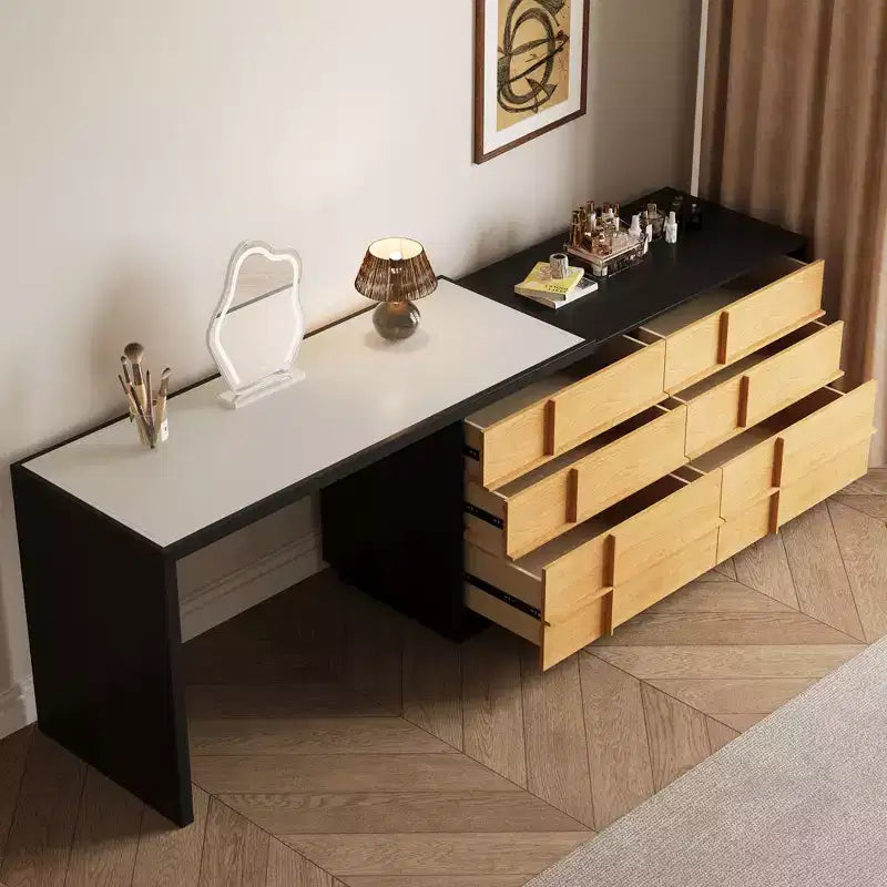 Modern Extendable Rotating L-Shaped Vanity Table with 6 Drawers, Reversible Makeup Vanity for Bedroom