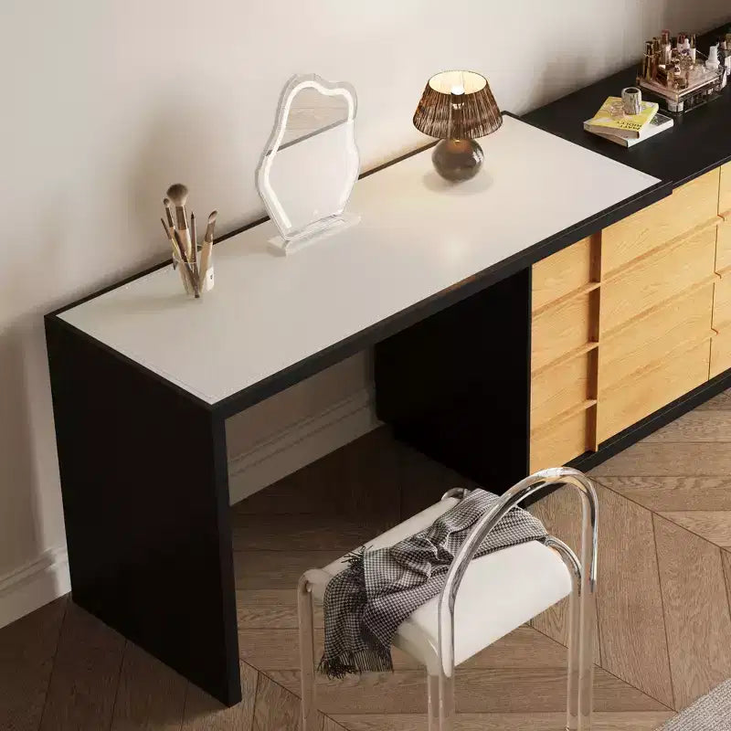 Modern Extendable Rotating L-Shaped Vanity Table with 6 Drawers, Reversible Makeup Vanity for Bedroom