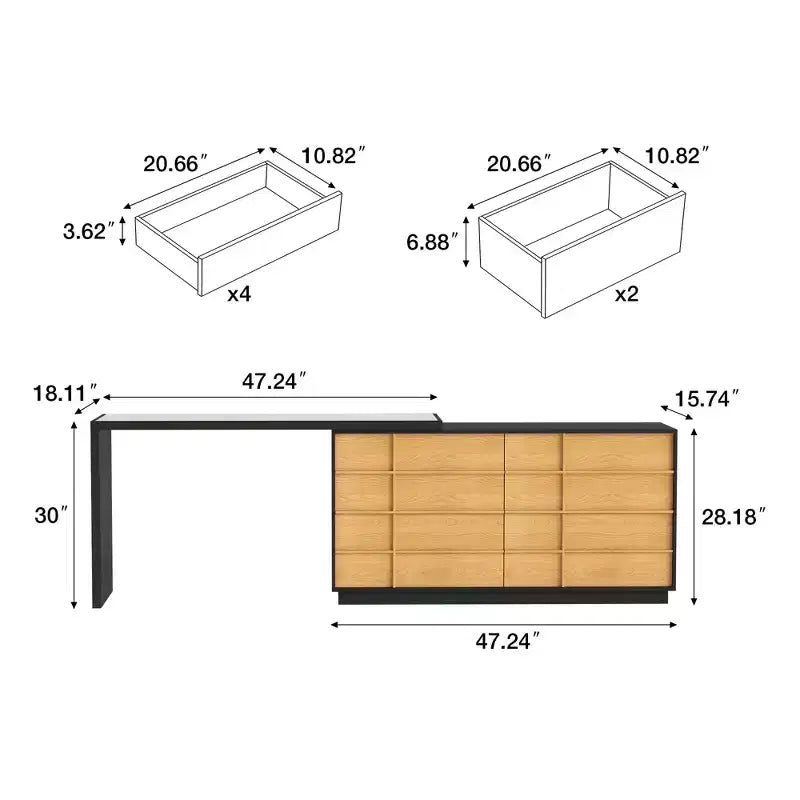 Modern Extendable Rotating L-Shaped Vanity Table with 6 Drawers, Reversible Makeup Vanity for Bedroom