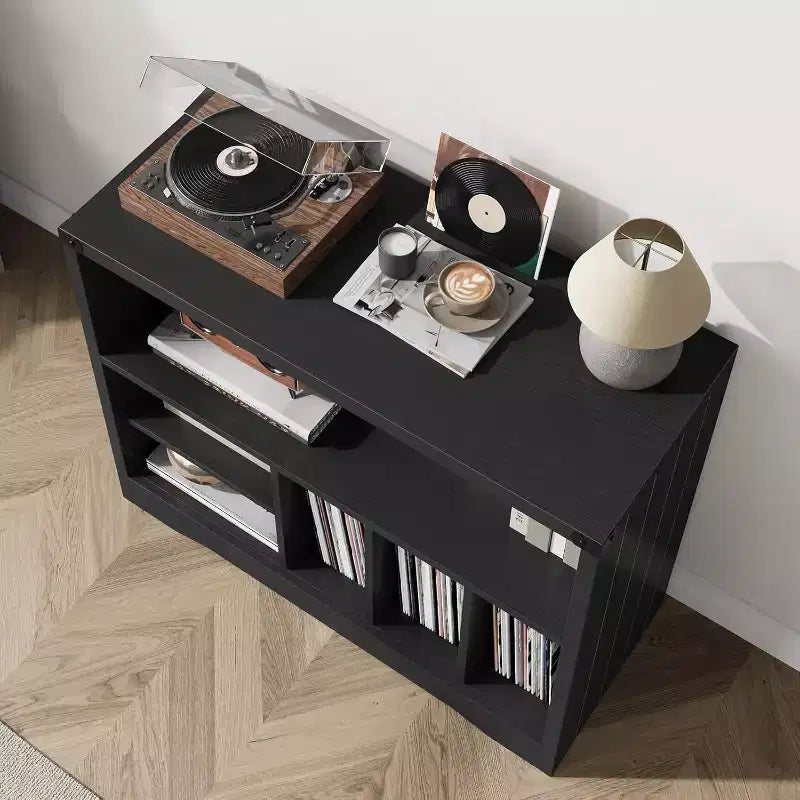 Modern Record Player Stand, Turntable Table with 6 Vinyl Storage Cubes, Wooden Media Organizer Shelf for Living Room