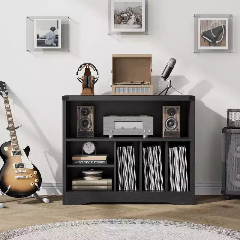 Modern Record Player Stand, Turntable Table with 6 Vinyl Storage Cubes, Wooden Media Organizer Shelf for Living Room