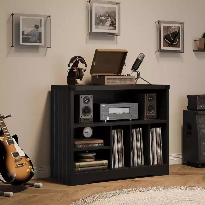 Modern Record Player Stand, Turntable Table with 6 Vinyl Storage Cubes, Wooden Media Organizer Shelf for Living Room