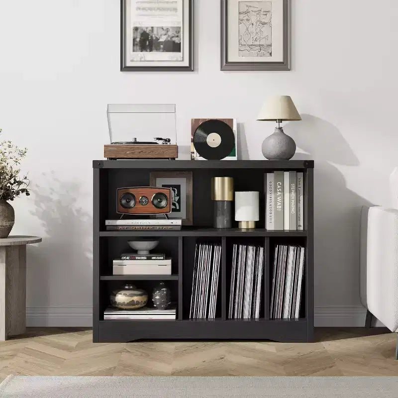 Modern Record Player Stand, Turntable Table with 6 Vinyl Storage Cubes, Wooden Media Organizer Shelf for Living Room