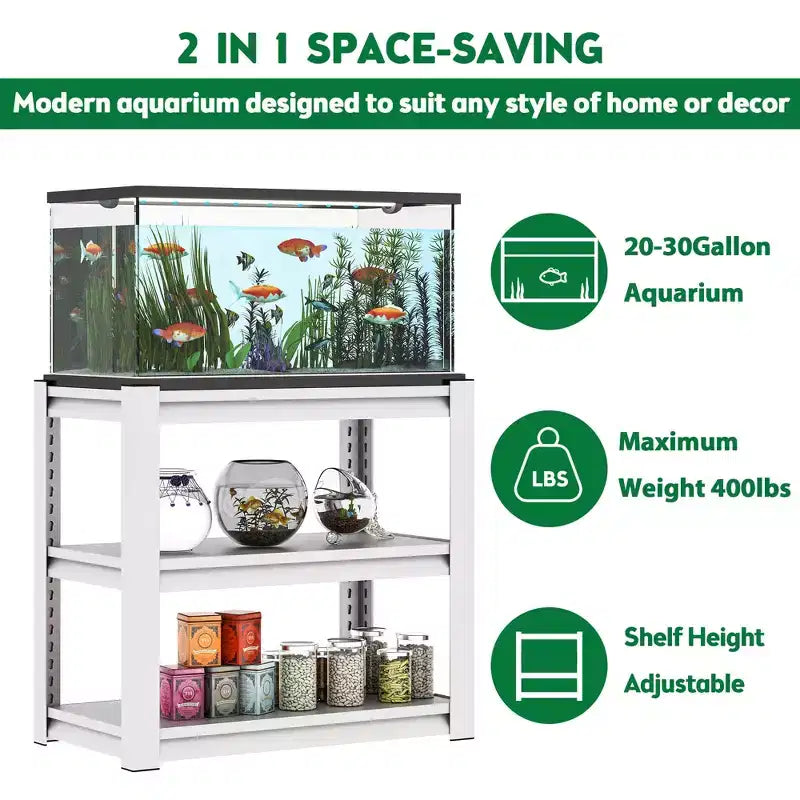 31 3-Tier Adjustable Fish Tank Stand - 400lbs Heavy-Duty Metal Aquarium Stand for 20-30 Gallon, Antique White with Floor Pads