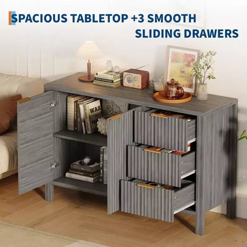46.5 Modern Fluted Kitchen Sideboard Cabinet with 2 Doors & Drawers C Grey Buffet Storage Cabinet for Dining Room, Living Room & Kitchen