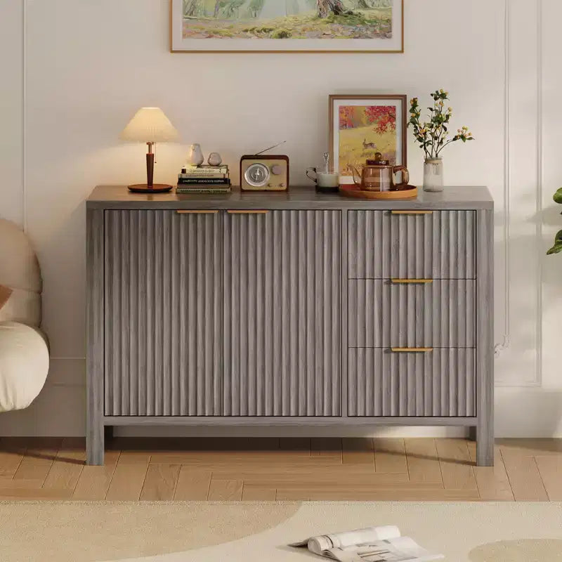 46.5 Modern Fluted Kitchen Sideboard Cabinet with 2 Doors & Drawers C Grey Buffet Storage Cabinet for Dining Room, Living Room & Kitchen