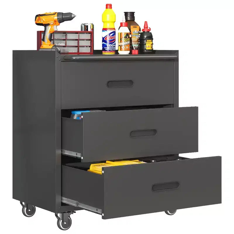 35H 3-Drawer Heavy-Duty Steel Storage Cabinet with Lockable Wheels, 200LBS Capacity for Garage/Office/Home Organizer (Black)