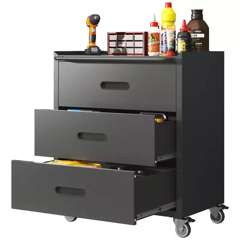 35H 3-Drawer Heavy-Duty Steel Storage Cabinet with Lockable Wheels, 200LBS Capacity for Garage/Office/Home Organizer (Black)