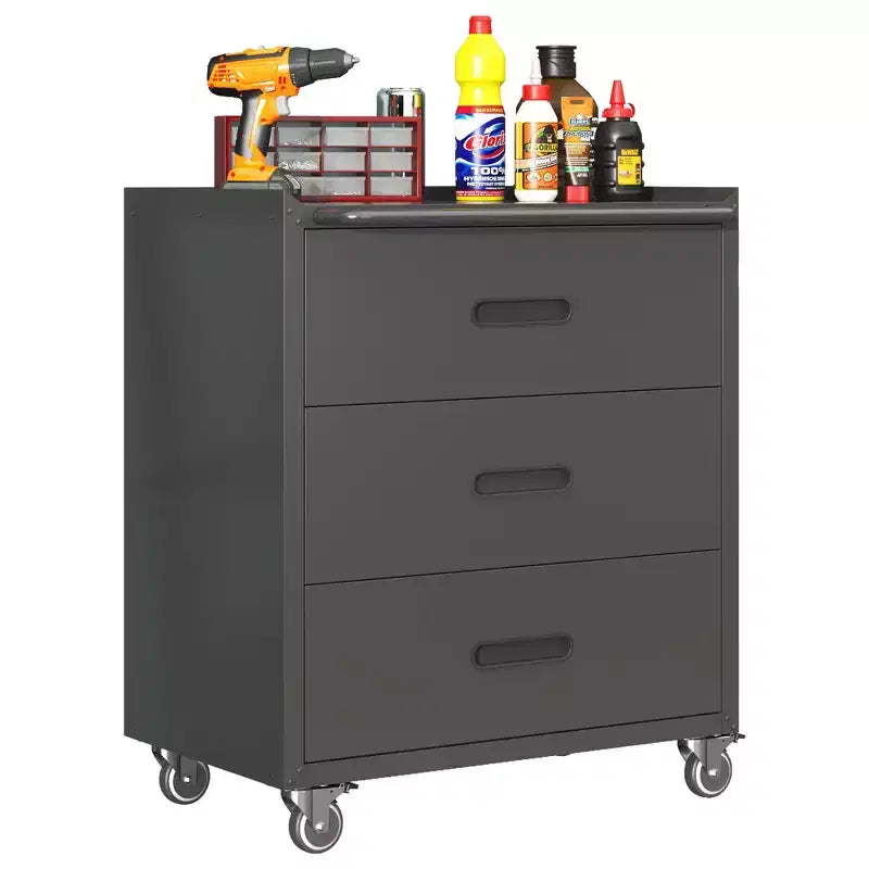 35H 3-Drawer Heavy-Duty Steel Storage Cabinet with Lockable Wheels, 200LBS Capacity for Garage/Office/Home Organizer (Black)