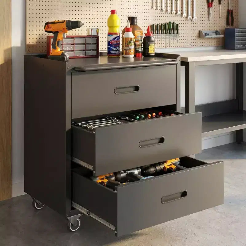 35H 3-Drawer Heavy-Duty Steel Storage Cabinet with Lockable Wheels, 200LBS Capacity for Garage/Office/Home Organizer (Black)